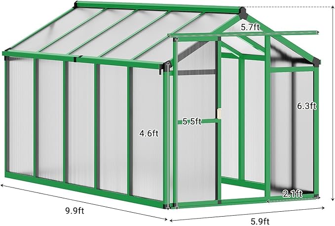 GarveeHome 6X10 FT Greenhouse for Outdoors, Walk-in Greenhouse Kit with Aluminum Frame, Polycarbonate Panels, Adjustable Roof Vent, Sliding Door, Secure Lock for Outside Garden, Patio, Backyard