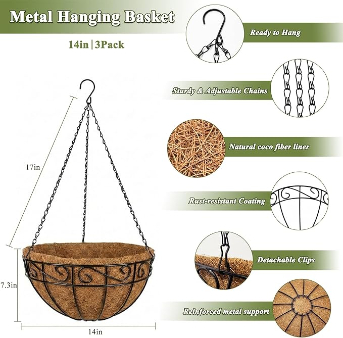 3 Pack Hanging Baskets for Plants Outdoor 14 Inch Metal Hanging Planters with Coco Coir Liner, Round Hanging Flower Basket for Home Garden Patio Balcony Porch
