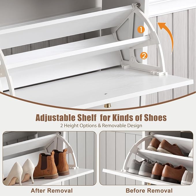 Nicetree Shoe Cabinet, 2 Flip Drawers Slim White Walnut Top Entry Storage