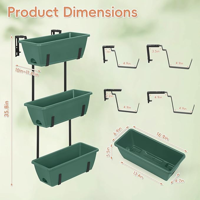 OYEAL 3-Tier Railing Planter Box Deck Railing Hanging Flower Pots Window Box Planter with Adjustable Brackets & Rectangular Flower Pots for Garden Fence, Patio, Balcony Decor Green