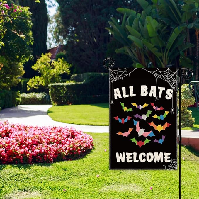 All Bats Welcome Garden Flag - Double Sided Yard Outdoor Farmhouse Lawn Porch Decor, Halloween Bats Decor, Inclusive Equality Diversity Flag, LGBTQ Pride