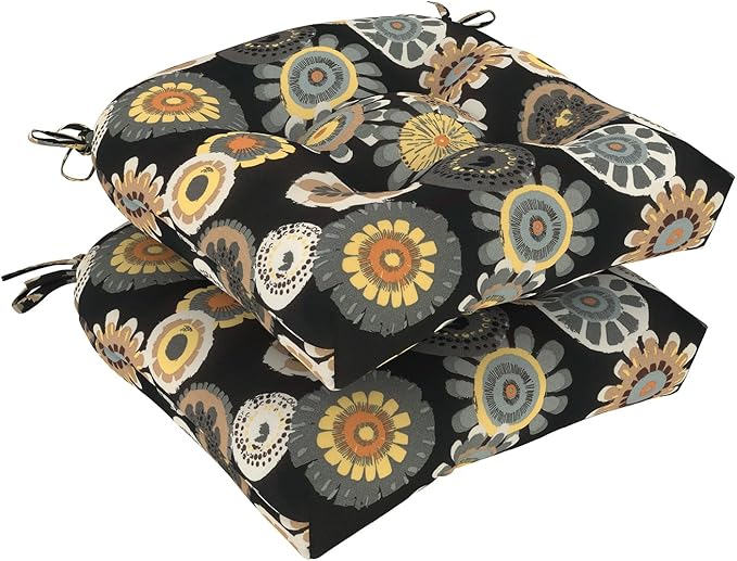 DYTXIII Set of 2 Outdoor Chair Cushions 19"x19"x4", Water Repellent Tufted Patio Seat Cushions with Ties, Thick Replacement Pads for Wicker Dining Chairs, Patio Furniture, Black Yellow Crosby