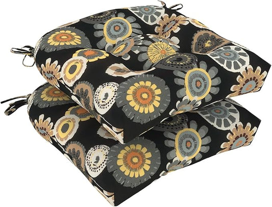 DYTXIII Set of 2 Outdoor Chair Cushions 19"x19"x4", Water Repellent Tufted Patio Seat Cushions with Ties, Thick Replacement Pads for Wicker Dining Chairs, Patio Furniture, Black Yellow Crosby