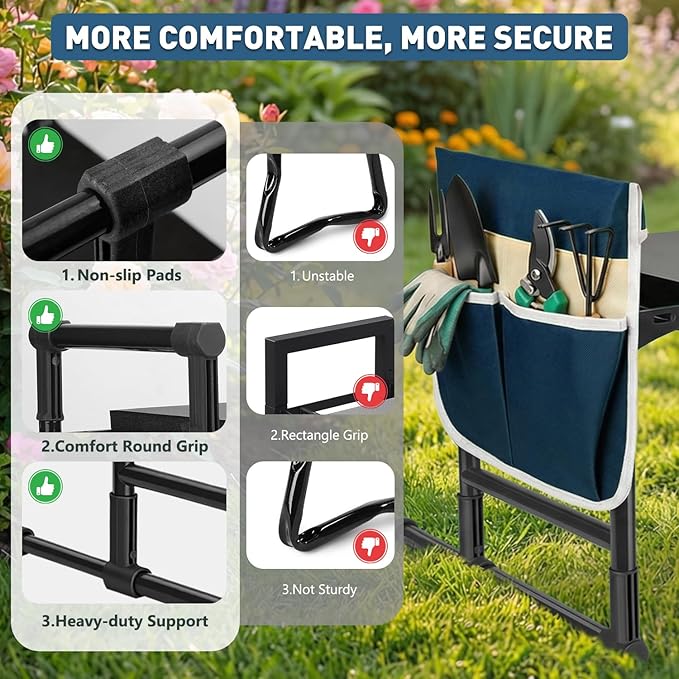 Garden Kneeler and Seat for Seniors – Heavy Duty Anti-Tip Gardening Stool with Widened Thick Soft Kneeling Pad, Foldable Garden Bench with Sturdy Handles, Gardening Gifts for Women Men Mom (Blue)