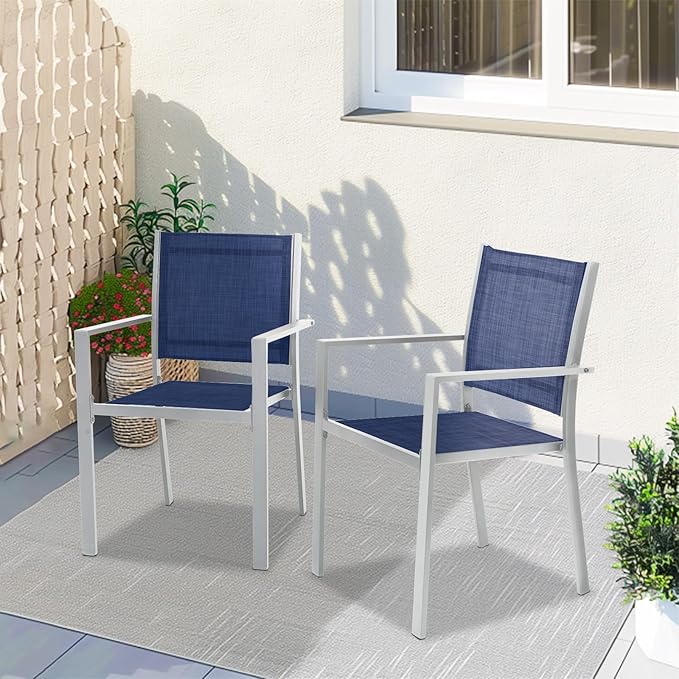 Patio Dining Chairs, All-Weather High-Resilience Textilene Outdoor Dining Chair Set of 2, Heavy-Duty Stackable Minimalist Outdoor Chairs with Armrest, Patio Chairs for Lawn Deck Pool, Blue and White