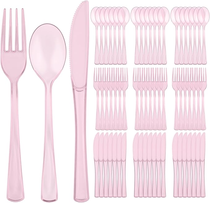 75 PCS Plastic Silverware Disposable Silverware Heavy Duty Utensil Sets 25 Of Each Forks Knives & Spoons Disposable Cutlery Set For Easter,Birthday,Baby Shower,Garden Party,Wedding(75,Pink)