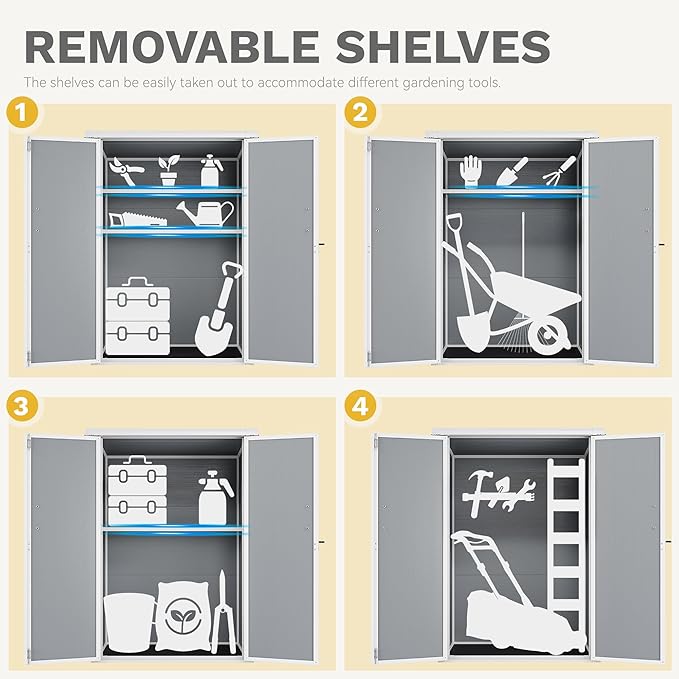 DWVO Outdoor Tall Storage Shed 50 Cuft with 2 Shelves, 4.3x2x5.5ft Vertical Tool Shed with Floor & Lockable Doors, Sturdy Double-Wall Plastic Cabinet for Garbage Cans and Garden Equipment