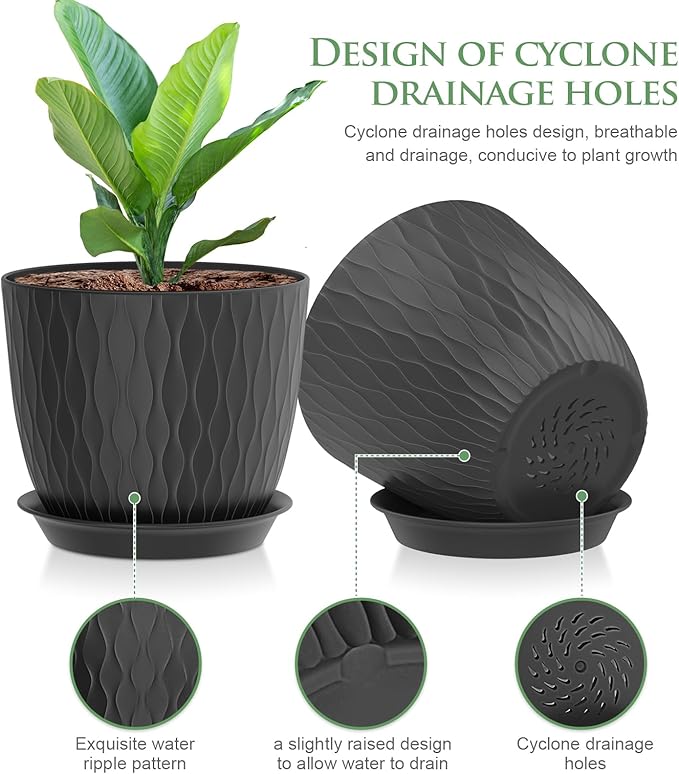 WSMKSZ 7 inch Plant Pots, 5 Pack Flower Pots with Drainage Holes and Saucers for Indoor Plants, Plastic Planters with Water Ripple for Small Garden House Plants, Nursery Pots for Succulent, Black