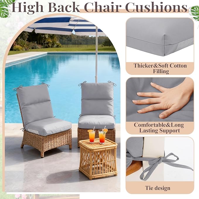 Geelin 2 Pack Outdoor/Indoor High-Back Chair Cushions 44×21 in, Stuffed Tufted Replacement Patio Chair Cushions with Ties Weather Resistant Pads for Patio Furniture (Light Gray)