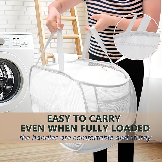 Collapsible Laundry Hamper Basket,Pop Up Mesh Foldable Bag for Laundry Room | folding horizontal laundry durable baskets with handles & side pocket travel for bathroom,Kids room,college dorm(White)