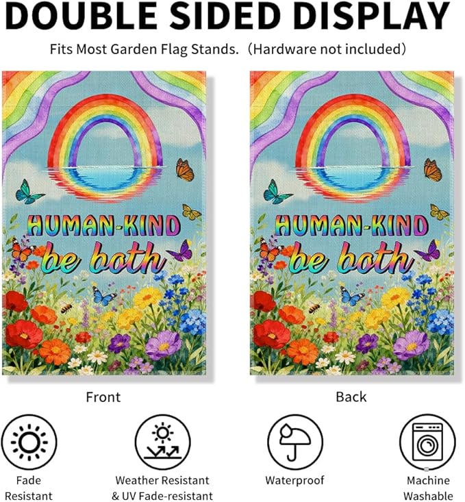 Human-Kind Be Both Garden Flag, Boho Inclusion Kindness Diversity Equality Human Right Yard Banner, LGBTQ Pride Month Banner, Spring Welcome Home Classroom Community Lawn Liberal Outdoor Decor