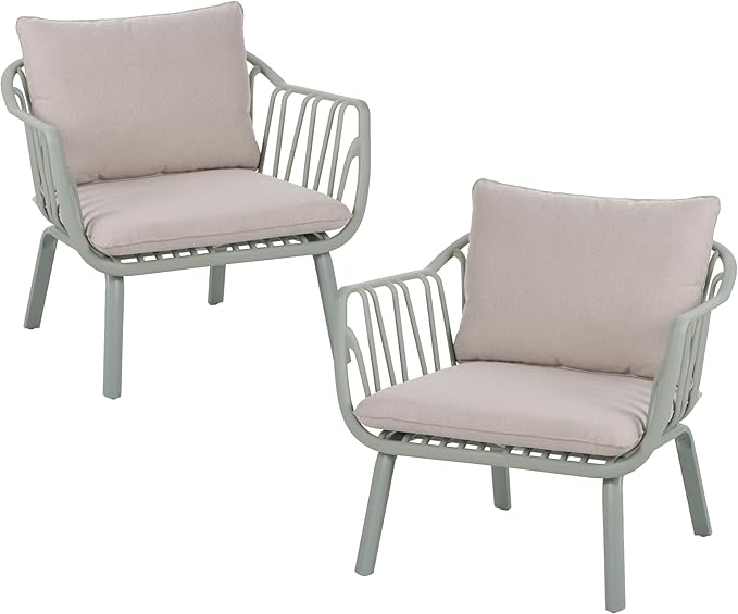 Christopher Knight Home Set of 2 Huron Indoor/Outdoor Polypropylene and Iron Frame Club Chairs,Patio Conversation Seating/Armchair for Garden, Backyard, Poolside,Removable Cushions, Light Green+Beige