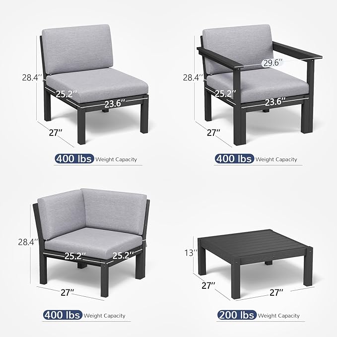 Stoog Modular 2-Seater Outdoor Loveseat, Convertible Sofa with Removable Arm – Waterproof HIPS Frame & Olefin Cushions for Patio, Poolside, Backyard, Black