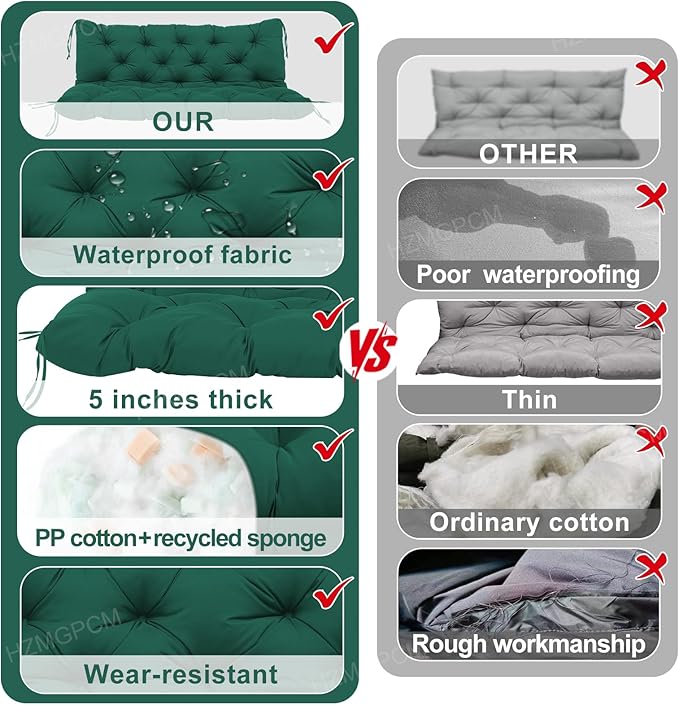 Premium 5" Thick Waterproof Outdoor Swing Cushions 3 Seater Sturdy Durable Porch Cushions 58 inch with Backrest&Ties Swing Cushions for Outdoor Furniture Backyard (Dark Green, 58x40x5inches)