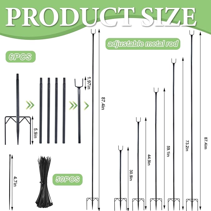 6 Pack 7.2ft Metal Garden Netting Support Stakes, Heavy Duty Garden Netting Pole with 50 Tie Rustproof Gardening Fence Stake Crop Cage Protection Post Frame for Support Fruits Garden Bed Plant Net