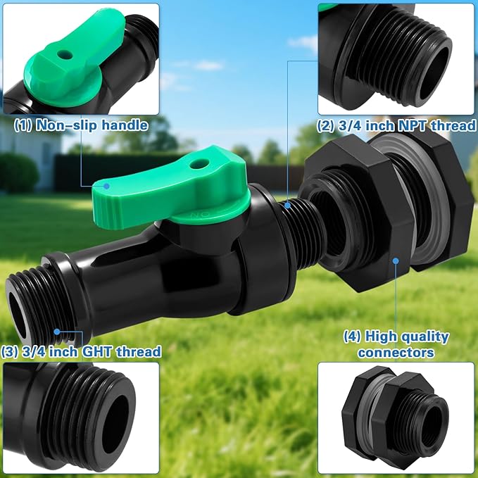 Plastics Rain Barrel Spigot Kit,High Flow Valve Core Water Tank Faucet+PVC Bulkhead Fitting,Straight Head 3/4 NPT to 3/4 GHT Rain Barrel Spigot for Plastic Bucket rainwater Drum Container