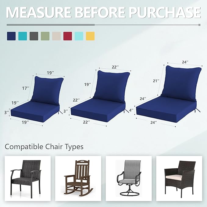 24x24 Inch Outdoor Chair Cushions Set of 2, Patio Furniture Cushions - Removable Cover, Water-Repellent, Fade-Resistant, Non-Slip Bottom & Straps, Replacement for Deep Seat Sofa & Couch - Navy
