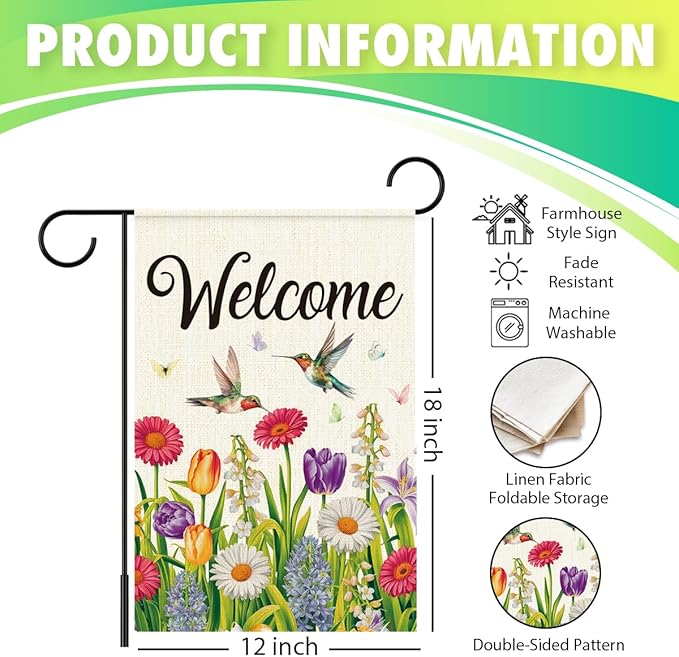 Welcome Flags for Outside,Spring Hummingbird Garden Flag for Yard Patio Lawn Decoration,12x18 Inch Double Sided