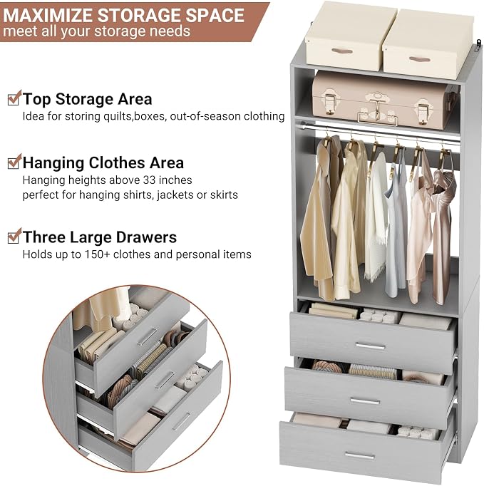 Besiost Freestanding Closet System with 3 Drawers,Wood Closet Organizer