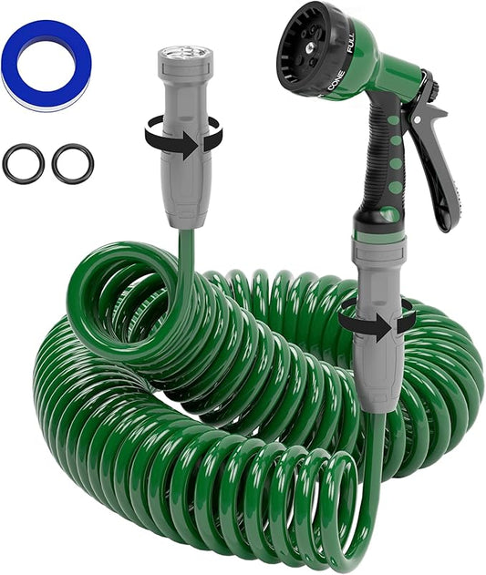 SPECILITE 3/8" Lightweight Coil Garden Hose 50 FT, EVA Flexible Curly Water Pipes with 6-Pattern Spray Nozzle for Boat, Greenhouse, Yard, Patio, Green