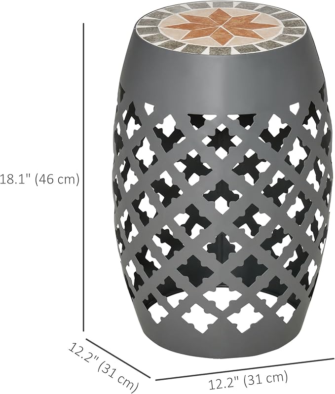 Outsunny 12" Patio Round Side Table, Outdoor Footstool, Garden Mosaic Accent Side Table, Plant Stand, Gray