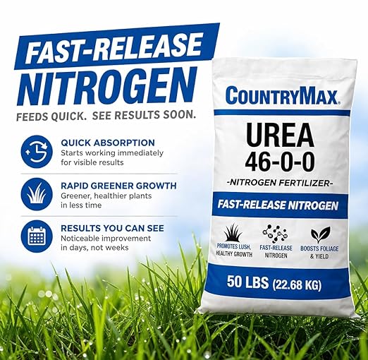 CountryMax Urea Fertilizer 46-0-0, 10LB Bag – High Nitrogen Lawn Fertilizer for Fast Green-Up – Plant Food for Lawns, Gardens, Crops, Trees & Shrubs – Professional Granular Plant Fertilizer