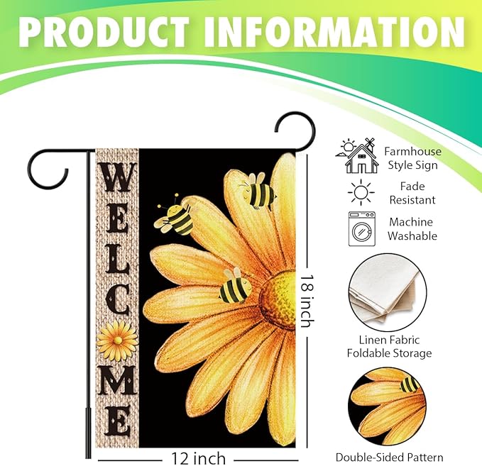 Welcome Flags for Outside,Bee Daisy Summer Garden Flag for Yard Patio Lawn Decoration,12x18 Inch Double Sided