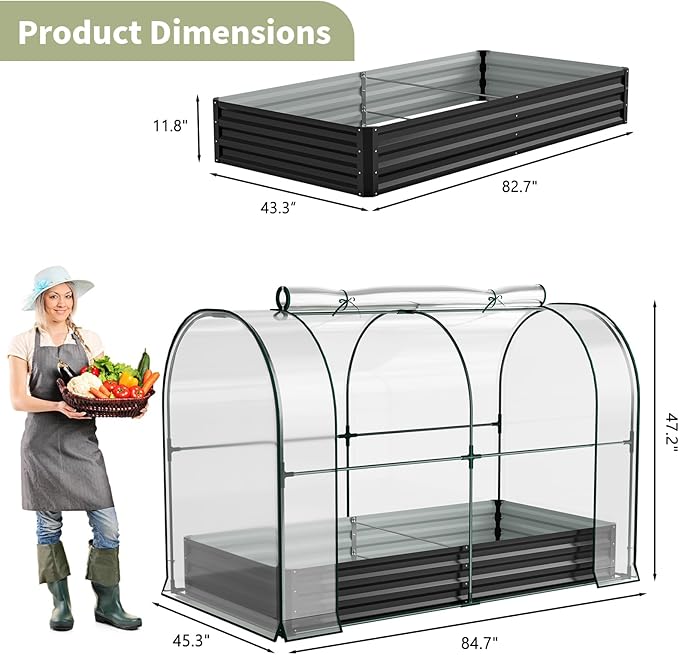 SUNYRISY Galvanized Raised Garden Bed with Greenhouse, Outdoor Metal Planter Box Kit with Bed Cover, Garden Box Protection for Gardening Vegetables Flowers Herbs Planting, Black