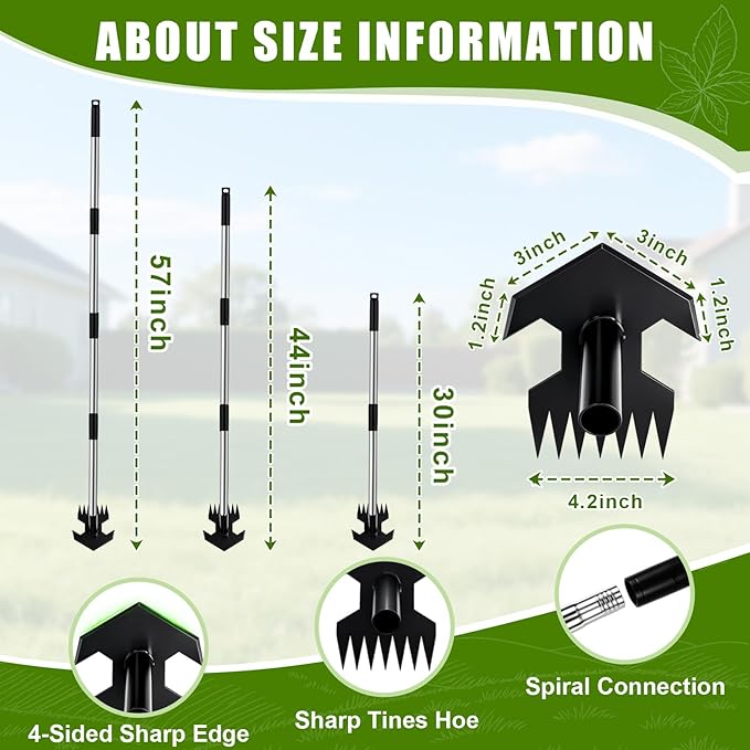 Adjustable 2-in-1 Garden Hoe with Rake & L-Shaped Crack Weeder Set, Stainless Steel Long Handle Weeding Tool for Stand up Soil Prep, Leveling and Yard Cleanup (No Bending Required)