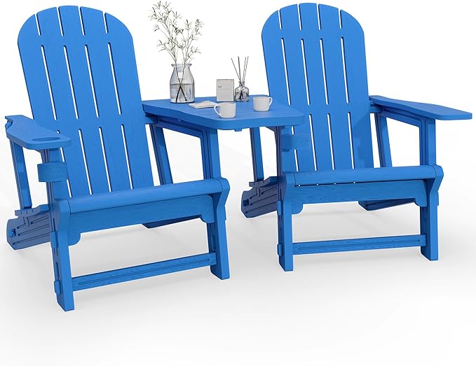 Vongrasig Adirondack Chairs Set of 2 with Removable Tabletop, Outdoor HDPE Plastic Fire Pit Chair Set with Wooden Textured, Cup Holder for Patio, Poolside, Deck, Garden, Light Blue, 3 Pieces