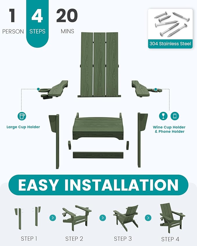 SERWALL Modern Adirondack Chair Set of 2, Folding Adirondack Chair with Cup Holders, Fire Pit Chairs, Lawn Chair for Patio Garden, Avocado Green