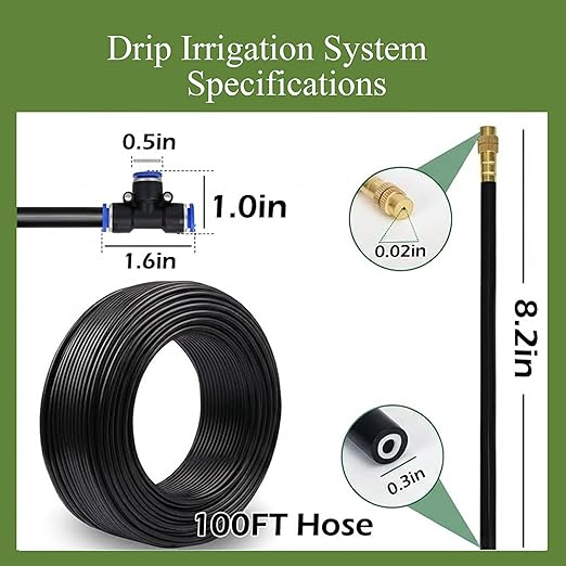 360° Adjustable Drip Irrigation System - 100FT Garden Watering System with 15 Nozzles, Garden Irrigation System, Greenhouse Accessories, Atomizing System for Yard, Lawn, Plants, 5/16 inch Hose