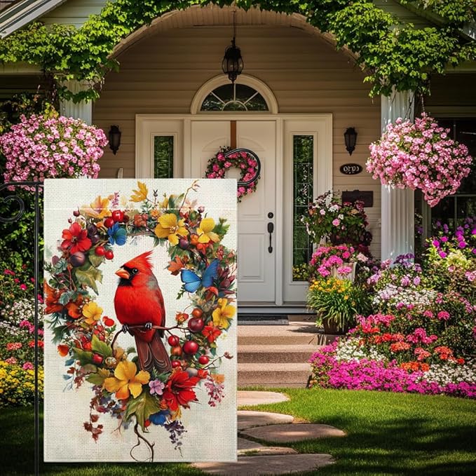 Red Bird Butterfly Flowers Garden Flag 12x18 Inch Double Sided Spring Summer Cardinal Colorful Floral Love Hearts Yard Outdoor Flag House Holiday Outside Decoration