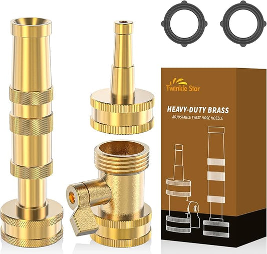 Twinkle Star Heavy-Duty Brass Adjustable Twist Hose Nozzle, High Pressure Hose Nozzle with On-Off Valve, Leakproof Operation 3/4" GHT Connector 3 Pack