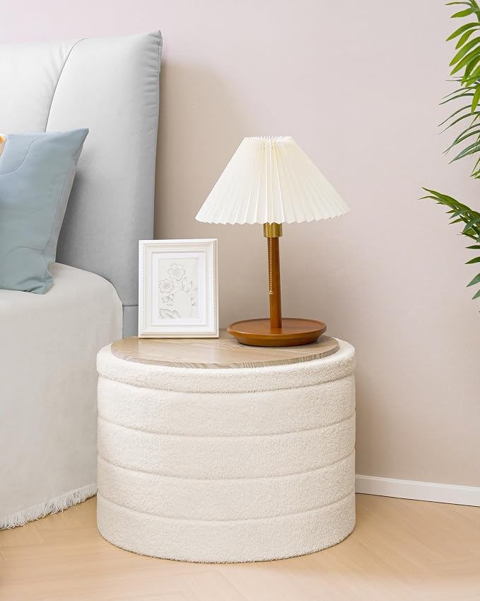 B FSOBEIIALEO Folding Storage Ottoman, Round Sherpa Ottomans, Cream White