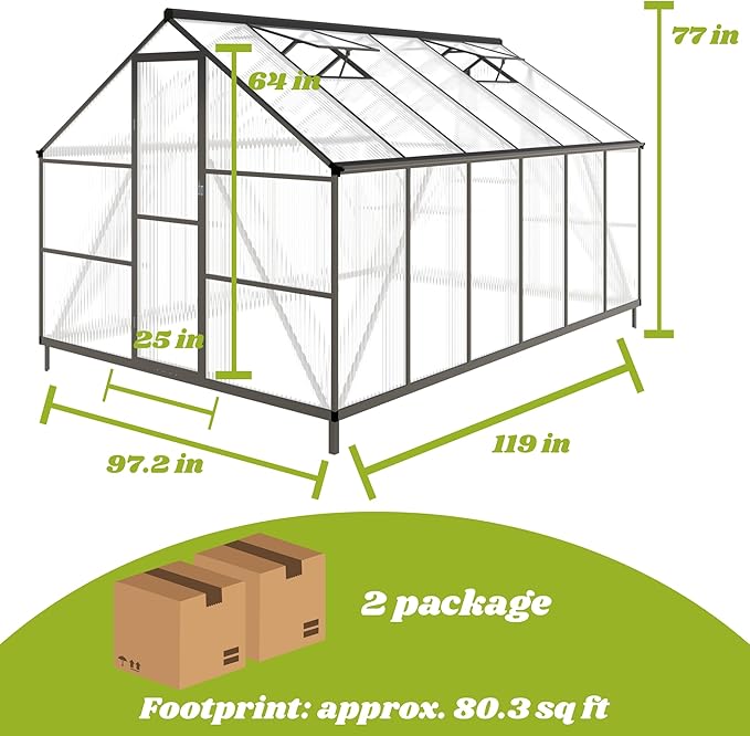 8X 10 FT Greenhouses for Outdoors, Polycarbonate Greenhouse with PC Panels, Greenhouses for Outdoors for Yard, Garden, Hobby, Dark Gray