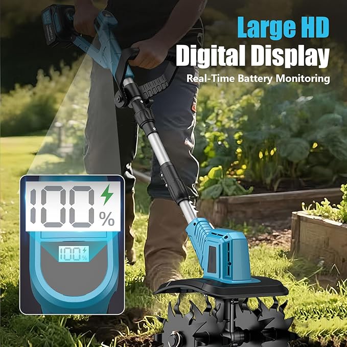 21V Electric Cordless Tiller Cultivator, 360RPM Garden Tiller with 2 x 4.0Ah Batteries Charger, 12In Tilling Width & 8In Depth Garden Rototiller for Lawn, Gardening, Soil Cultivation (Blue-1)