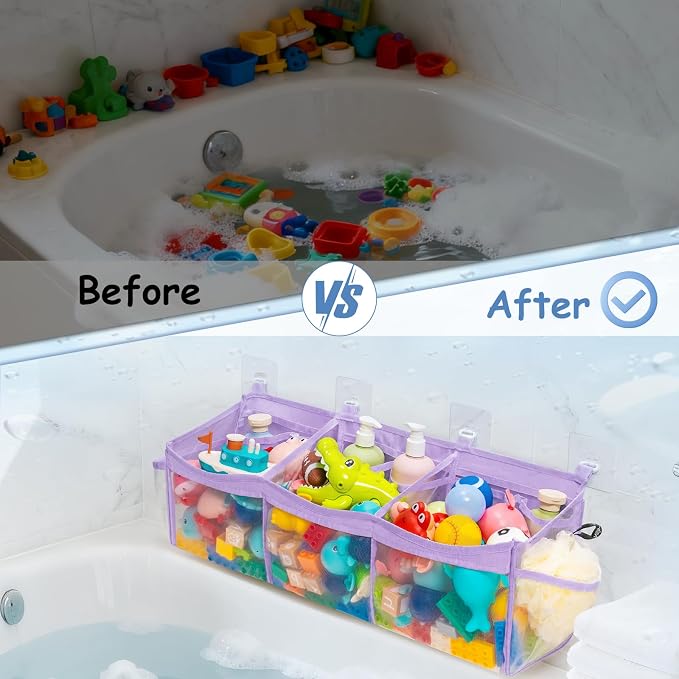 Criusia Extra Large Bath Toy Organizer with 3 Compartments and Multiple Pockets, Quick-Dry Mesh Bathtub Storage for Kids' Toys (Purple)