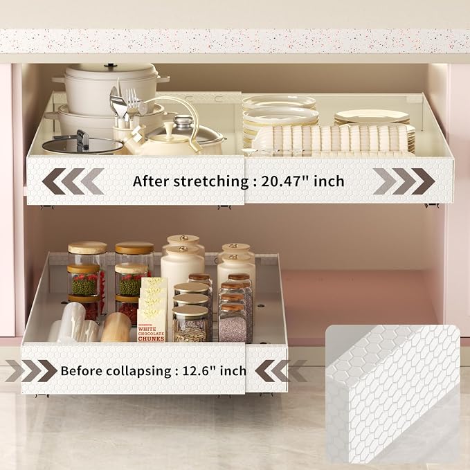 2Pack Pull Out Cabinet Organizer, Expandable 12.6“-20.47” White | Pull Out Drawers for Cabinet with Upgrade 3 Slide,No Drill Heavy Duty Sliding Drawers for Kitchen Cabinet,Pots, Pantry, Home