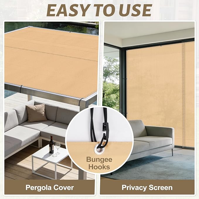 GNILLKO Sun Shade Cloth with Grommets, 8' x 10' Waterproof Pergola Shade Cover Canopy, Garden Shade Cloth for Patio, Outdoor, Garden, Backyard(Khaki)