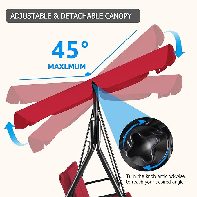GARTOO 3-Seat Patio Swing Chair, Outdoor Porch Swing with Adjustable Canopy and Durable Steel Frame for Patio, Garden, Poolside(Red)
