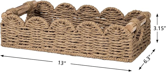 CubesLand Bathroom Basket Organizer, Toilet Tank Basket W/Cut Out Handle | Small Scalloped Wicker Toilet Paper Storage Basket for Bathroom Countertop Decorative Also for Home Decor, Neutral