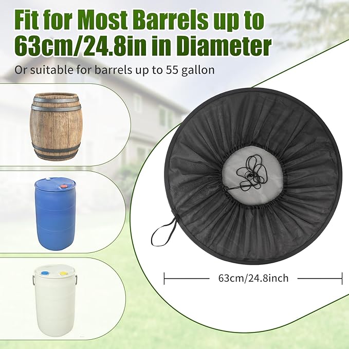3PCS Pop Up Mesh Cover for Rain Barrels, Water Rain Barrel Netting with Drawstring Water Collection Buckets Tank Protector Cover Net for Preventing Fallen Leaves and Debris, 24.8 Inch