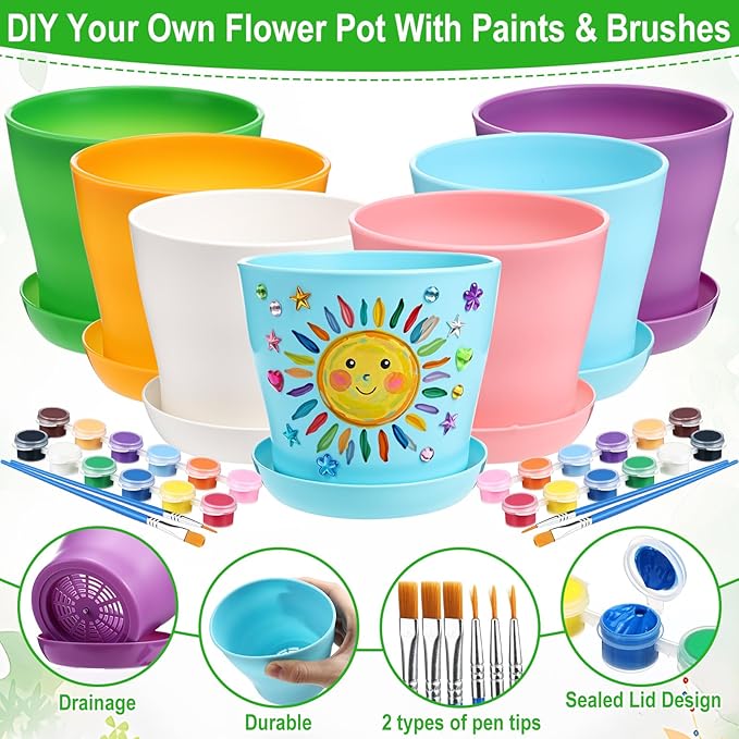 24 Set Garden Plastic Paintable Flower Pot Craft Kit 4" Starter Pots DIY Painting Party Supplies Acrylic Paint Strips Gardening Kit for Planting Crafts Birthday Spring Gift (Round)