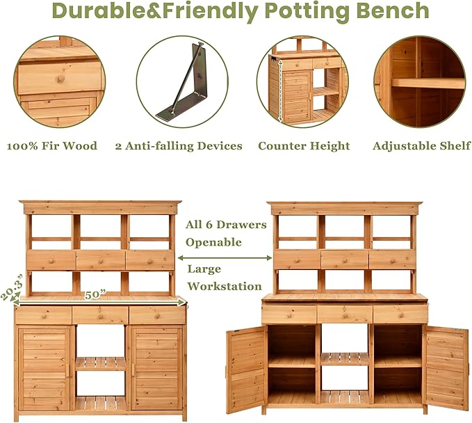 RUNNA 65.7'' H Tall Garden Potting Bench Table with Hutch,Patio Storage Workstation with 3 Shelves,6 Drawers,2 Bottom Cabinets&Side Hooks for Mudroom,Doorway (Natural@024, 65.7)
