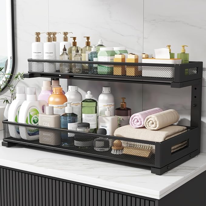 1 Pack 20.47IN Depth Under Sink Storage Organizer, Large 2-Tier Elegant Mesh Pull Out Shelf for Kitchen and Bathroom Cabinet Organization, L-Shaped and Adjustable Height Design-Black