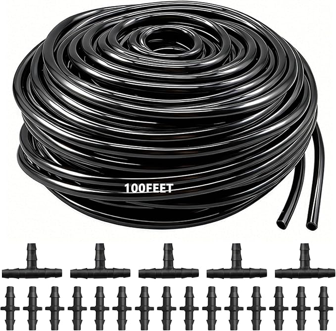 100FT 1/4" Blank Distribution Tubing - Garden Watering Tube with 20PCS Drip Irrigation Barbed Connectors