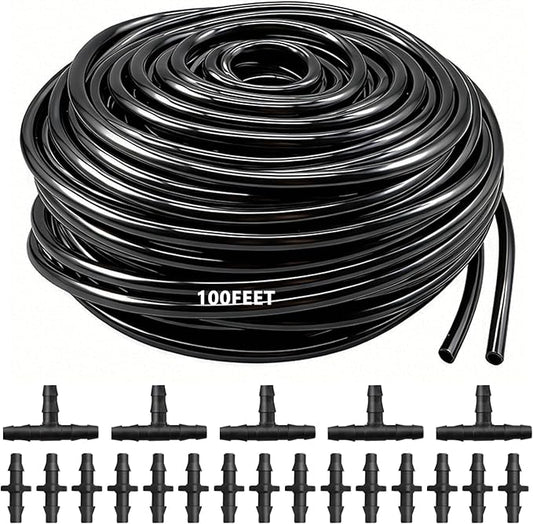 100FT 1/4" Blank Distribution Tubing - Garden Watering Tube with 20PCS Drip Irrigation Barbed Connectors