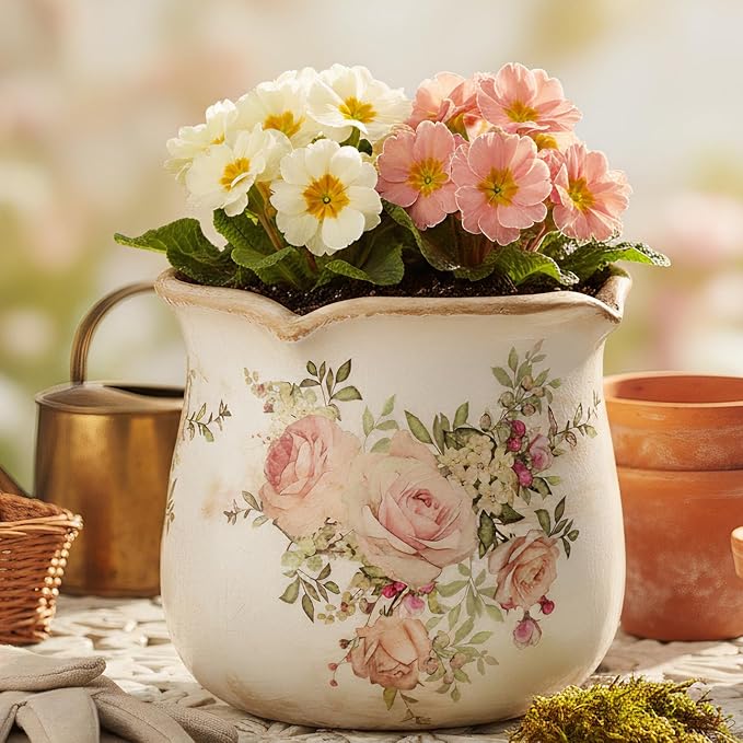 Xiaan Jiaju Ceramic Flower Vase, Rustic Farmhouse Vases & Planting Pots with Drainage, European Home Decor for Mantel Fireplace Bookshelf Wedding Centerpieces, Pink Rose Floral