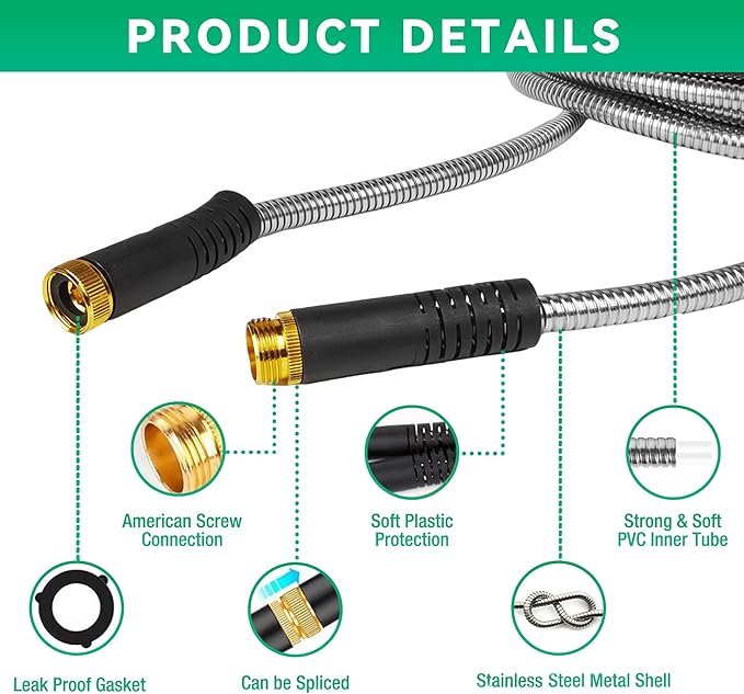 HERZO 50FT Metal Garden Hose, Ultra Flexible Stainless Steel Water Hose, Non-Kinking, Leak-Resistant Design with Solid Brass Connectors